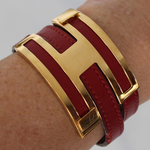 Hermès Gold Plated Pousse Pousse H slide bracelet red leather Authentic - Picture 16 of 16